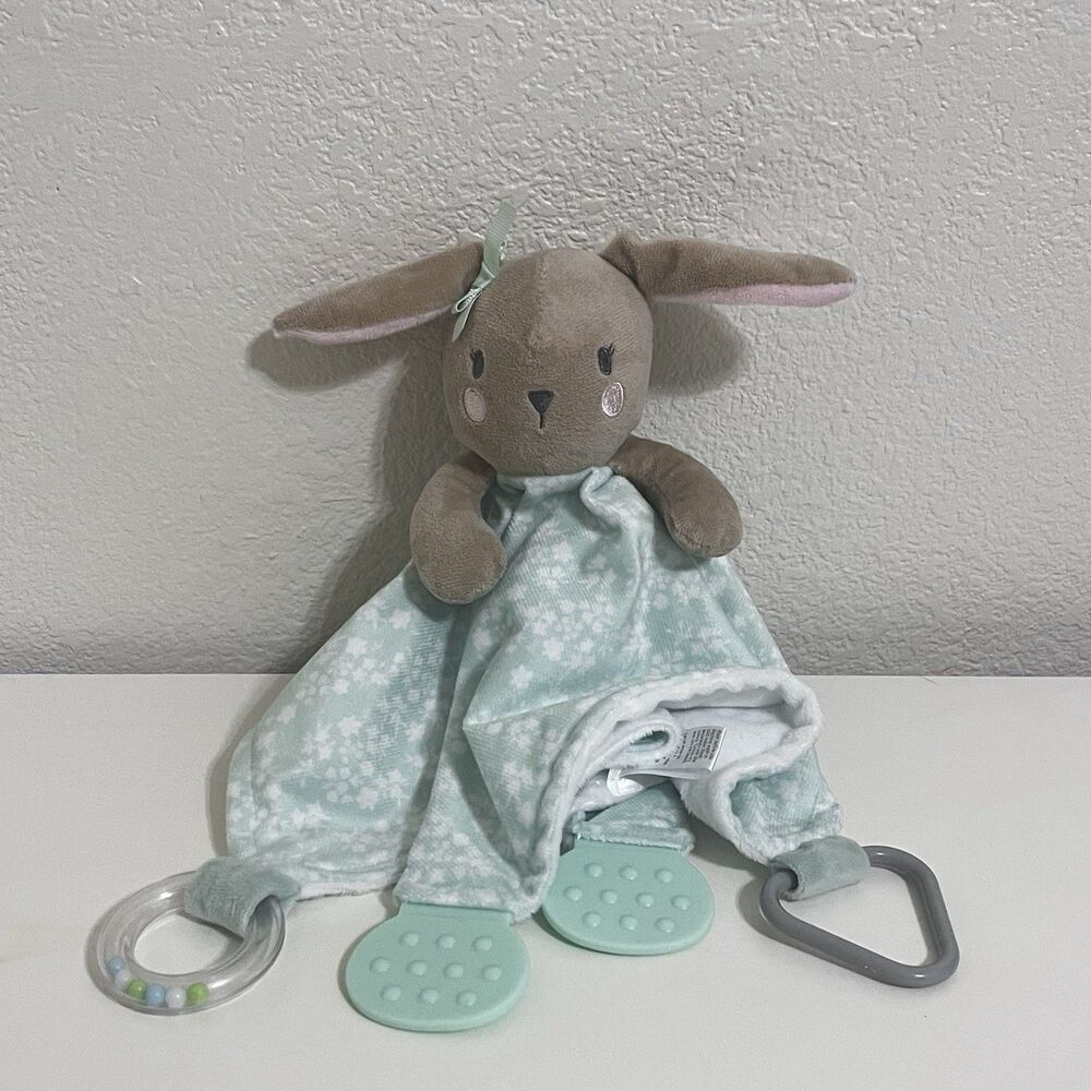 Modern Baby Green Floral Bunny Rabbit Baby Security Blanket Lovey Teether Rattle